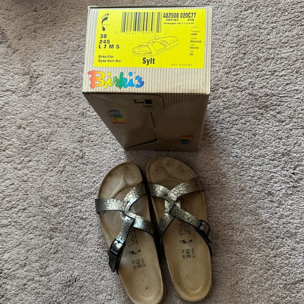 Birkenstock Birkis Metallic Bronze Crossover Straps. Snakeskin look. Size 38